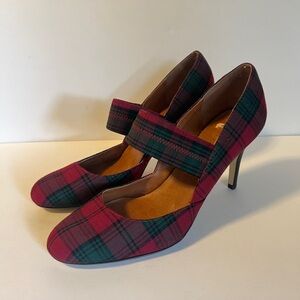 Ann Marino by Bettye Muller Tartan Plaid Red Mary Jane Pumps Heels Size 9 EUC